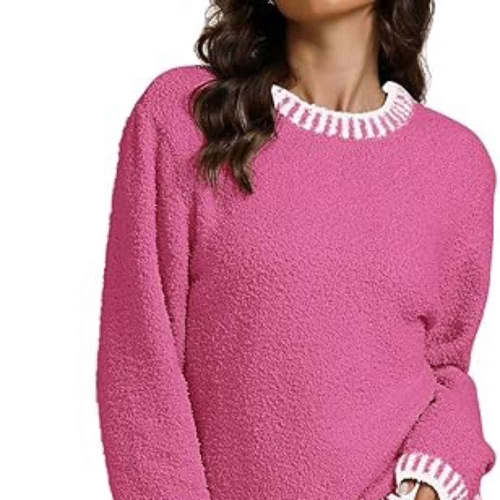 Two piece Lounge Set Fuzzy Long Sleeve Pink Knit Sweater and Pants